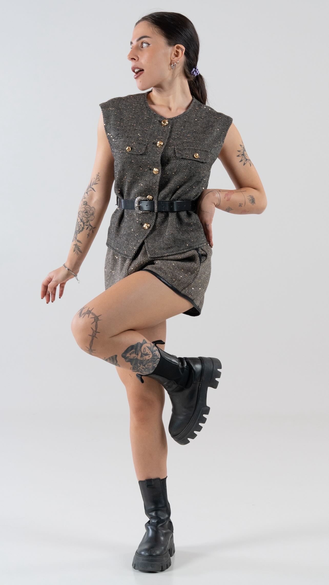 Short Spinato con inserto ecopelle - Alma Shop